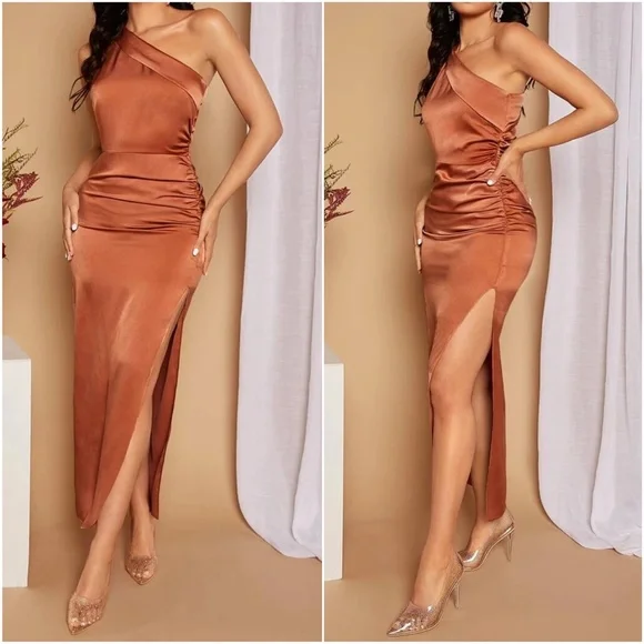 Luxe One Shoulder Satin Formal Evening party Dress - Picture 3 of 8